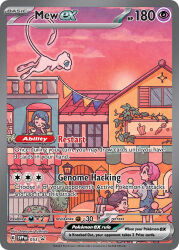 Rule 34 | artist name, awning, bell pepper, blue eyes, blue hair, blue overalls, bright pupils, brown hair, building, bush, candy, card (medium), carrot, character name, closed eyes, closed mouth, company name, copyright name, copyright notice, cup, english text, eyelashes, floating, food, from side, full body, gen 1 pokemon, grey shirt, holding, holding candy, holding cup, holding food, holding ice cream cone, holding lollipop, ice cream, ice cream cone, ivy, leaf, legendary pokemon, lollipop, long sleeves, mew (pokemon), mug, mythical pokemon, natsumi color, nintendo, official art, overalls, pink hair, plant, pokemon, pokemon (creature), pokemon card, pokemon tcg, potted plant, reaching, reaching towards another, shirt, short hair, short sleeves, smile, standing, teeth, third-party source, trading card, umbrella, white pupils, window