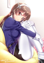 1girl ankle_boots ashigara_(kancolle) ashigara_kai_ni_(kancolle) bean_bag_chair blush boots breasts brown_eyes brown_hair fake_horns female_focus gloves hair_ornament hairband head_tilt horned_headwear horns hugging_own_legs ishihara_masumi kantai_collection large_breasts long_hair looking_at_viewer pantyhose sitting skirt solo twitter_username uniform white_gloves