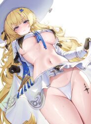 1girl absurdres aged_up blonde_hair blue_sash blush bow breasts cameltoe clothes_lift commentary_request dated embarrassed gloves groin hair_bow hair_ornament hat high-low_skirt highres korean_commentary large_breasts lilac_(k32420276) long_hair long_sleeves looking_at_viewer navel nose_blush panties phoebe_(wuthering_waves) pout purple_eyes sash shirt signature simple_background skirt skirt_lift solo stomach sweat tacet_mark_(wuthering_waves) tearing_up underboob underwear v-shaped_eyebrows very_long_hair white_background white_hat white_panties white_shirt white_skirt wuthering_waves x_hair_ornament