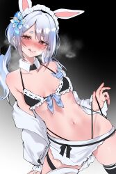 Rule 34 | 1girl, :q, acedia, animal ears, apron, badge, bare shoulders, bikini, bikini bottom pull, black bikini, blue hair, blush, bow, bow bikini, breasts, clothes down, commentary, detached collar, eyelashes, flower, frilled bikini, frills, gradient background, hair between eyes, hair flower, hair ornament, halterneck, highleg, highleg bikini, highres, hikimayu, hololive, jacket, jacket partially removed, long hair, long sleeves, looking at viewer, maid, maid bikini, maid headdress, naughty face, navel, official alternate costume, open clothes, open jacket, paid reward available, patreon logo, patreon username, rabbit ears, rabbit girl, short eyebrows, simple background, small breasts, solo, steam, stomach, swimsuit, thick eyebrows, thighhighs, tongue, tongue out, twintails, unconventional maid, usada pekora, usada pekora (holonatsu paradise), virtual youtuber, waist apron, white apron, white jacket, yellow eyes