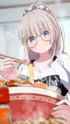 1girl absurdres blunt_bangs blurry blush bowl breasts brown_hair chopsticks collarbone commentary_request depth_of_field eating food food_on_face glasses grey_eyes hair_between_eyes hair_ornament hair_scrunchie highres holding holding_chopsticks indoors large_breasts long_hair long_sleeves looking_at_viewer noodles original ramen round_eyewear scrunchie shiro9jira shirt sidelocks steam white_shirt
