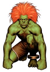 1boy absurdres arm_hair blanka capcom capcom_vs_snk_2 chest_hair clenched_hands colored_skin game_cg green_skin hands_on_ground highres looking_at_viewer male_focus mori_toshiaki muscular muscular_male no_pupils non-web_source official_art on_one_knee orange_hair outstretched_arms solo street_fighter third-party_source topless_male torn_clothes veins veiny_arms white_background