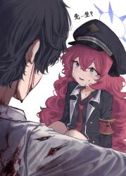 absurdres ahiru_(ahahahahiru) armband black_hair blood blood_on_clothes blood_on_face blue_archive blue_halo crying fluffy_hair gehenna_academy_logo grey_eyes hair_ribbon halo hat highres iroha_(blue_archive) long_hair military_hat military_uniform necktie red_hair ribbon sensei_(blue_archive) shirt very_long_hair white_shirt