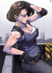 1girl absurdres black_gloves blue_pants blue_shirt brown_hair chtv cityscape closed_eyes commission elbow_pads fingerless_gloves gloves hand_in_own_hair highres jewelry jill_valentine necklace pants police_badge resident_evil resident_evil_3:_nemesis resident_evil_3_(remake) shirt short_hair single_elbow_pad