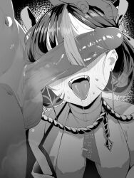 1boy 1girl blush breath clothed_female_nude_male collar commander_(nikke) erection goddess_of_victory:_nikke greyscale hair_ribbon hand_on_another&#039;s_head hetero highres large_penis leash monochrome multicolored_hair nude nyahpa20 open_mouth penis penis_on_face penis_over_eyes ribbon short_hair streaked_hair sweat syuen_(nikke) testicles tongue tongue_out uncensored
