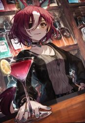 1girl absurdres alcohol animal_ears bar_(place) bar_counter blonde_hair blue_gemstone blue_nails bracelet brown_eyes brown_hair casual cocktail_glass commentary cup drinking_glass ear_ornament eyepatch gem hair_over_one_eye hand_on_own_hip highres holding holding_cup horse_ears horse_girl indoors jewelry long_sleeves looking_at_viewer looking_down medium_request multicolored_hair one_eye_covered orange_eyes pendant_choker reflection ring short_hair siena_(moratoriummaga) solo sparkle spiked_bracelet spikes streaked_hair tanino_gimlet_(umamusume) umamusume upper_body white_hair