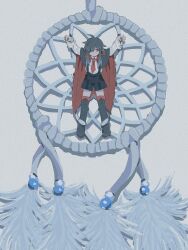 1other ambiguous_gender blue_hair blue_pants blue_shoes blue_shorts cape cyberseaurchin highres necktie no_mouth original other_focus pants red_cape red_eyes red_necktie shoes shorts sidelocks solo suspension