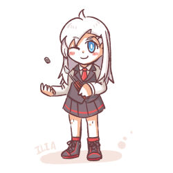Rule 34 | 1girl, black shirt, black shoes, black skirt, blue eyes, blush, dragalia lost, ilia (dragalia lost), long hair, miniskirt, necktie, nut (hardware), one eye closed, screwdriver, shirt, shoes, skirt, smile, sukey four, white hair