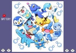:d :o ;d ^_^ absurdres blue_eyes bright_pupils bubble closed_eyes closed_mouth commentary_request creatures_(company) fangs fangs_out froakie game_freak gen_1_pokemon gen_2_pokemon gen_3_pokemon gen_4_pokemon gen_5_pokemon gen_6_pokemon gen_7_pokemon gen_8_pokemon highres looking_at_viewer mudkip nintendo no_humans one_eye_closed open_mouth oshawott pikachu piplup pokemon pokemon_(creature) pokemon_focus pon_yui popplio quaxly smile sobble squirtle tongue totodile wavy_mouth white_pupils