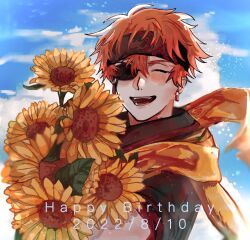 Rule 34 | 1boy, birthday, black order uniform, blue sky, brown headband, brown jacket, closed eyes, cloud, collared jacket, d.gray-man, earrings, eyepatch, facing viewer, floating scarf, flower, hair between eyes, happy birthday, headband, holding, holding flower, hoop earrings, jacket, jewelry, lavi, male focus, neallen02, one eye covered, open mouth, orange hair, orange scarf, scarf, short hair, short sleeves, sidelocks, sky, smile, solo, striped clothes, striped headband, striped jacket, sunflower