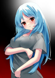 1girl :t absurdres blue_hair blush closed_mouth dress enri_louvre grey_dress highres long_hair looking_at_viewer naraku naraku_1 pout red_eyes solo wabisuke0722
