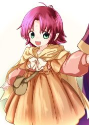 Rule 34 | 2girls, :d, bag, bow, bowtie, brown bag, cape, commentary request, curtained hair, dot nose, dress, facial mark, fae (fire emblem), fire emblem, fire emblem: the binding blade, forehead mark, green eyes, highres, holding hands, idunn (fire emblem), multiple girls, nintendo, open mouth, orange dress, pink hair, pointy ears, short hair, shoulder bag, simple background, smile, solo focus, studio sugimoto, white background, white bow, white bowtie, yellow cape