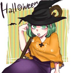 1girl absurdres alternate_costume arm_up blush child collarbone danganronpa_(series) danganronpa_another_episode:_ultra_despair_girls dress english_text eyelashes female_focus green_eyes green_hair halloween halloween_costume hand_to_own_head hand_up hat highres jewelry looking_at_viewer matching_hair/eyes multicolored_background necklace open_mouth orange_shawl purple_dress shawl simple_background sitting solo sparkle staff staff_(weapon) star_(symbol) szsr_rn teeth tongue towa_monaca upper_teeth_only white_background witch witch_hat yellow_background