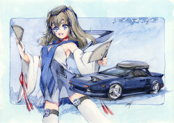 1girl armpit_peek blue_background blue_skirt breasts brown_hair car detached_sleeves hand_fan hi_fumiyo highres holding holding_fan long_hair looking_at_viewer medium_breasts motor_vehicle open_mouth original personification red_ribbon ribbon shirt skirt sports_car thighhighs toyota toyota_mr2 vehicle_and_personification vehicle_name white_shirt white_thighhighs wide_sleeves