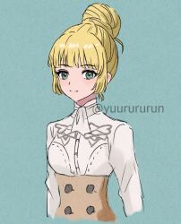 Rule 34 | 1girl, alternate costume, blonde hair, blush, breasts, closed mouth, fire emblem, fire emblem: three houses, garreg mach monastery uniform, green eyes, hair bun, highres, ingrid brandl galatea, long hair, long sleeves, looking at viewer, nintendo, shirt, short hair, simple background, smile, solo, upper body, white shirt, yuurururun