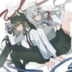 2girls alternate_costume animal_ear_fluff animal_ears arknights arm_support black_hair black_nails black_pants black_shirt black_skirt blue_eyes bottle closed_mouth collared_shirt grey_vest hair_between_eyes hair_ornament hairclip hand_up highres holding_perfume jewelry lappland_(arknights) long_hair long_sleeves looking_at_viewer material_growth multiple_girls nail_polish necklace necktie oripathy_lesion_(arknights) pants parallel_hairclips perfume_bottle red_necktie scar scar_across_eye scar_on_face seri_(vyrlw) shirt sitting skirt smile suspenders tail texas_(arknights) vest white_hair white_shirt wolf_ears wolf_girl wolf_tail