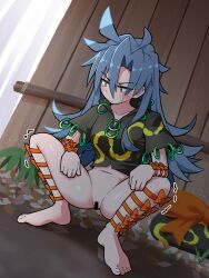 1girl bar_censor barefoot black_shirt blush bottomless bow censored commentary_request full_body grey_eyes grey_hair hair_between_eyes highres himemushi_momoyo long_bangs long_hair looking_down navel orange_bow pussy shirt short_sleeves slav_squatting solidus_(sword_cube) solo squatting touhou upper_body variant_set very_long_hair