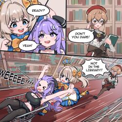 &gt;_&lt; 3girls ahoge artist_request ascot beanie beret black_bow black_choker black_hat black_pantyhose black_shoes black_shorts black_sports_bra blonde_hair blue_dress blue_eyes book bookshelf bow bowtie breasts bright_pupils brown_eyes brown_hair choker cleavage clio_aite clio_aite_(clio_2.0) crescent crescent_hair_ornament crown dress eepy_sleepy eepy_sleepy_(sleepy_2.0) english_text fian_f.n glasses hair_bow hair_ornament hat holding holding_book library marimari_(vtuber) marimari_(vtuber)_(marimari_2.0) midriff mini_crown multiple_girls navel one_side_up open_mouth orange_bow orange_bowtie pantyhose phase_connect phase_invaders_quest pointy_ears purple_eyes purple_hair red_hat round_eyewear running shoes shopping_cart shorts smile speech_bubble sports_bra star_(symbol) star_choker star_hair_ornament virtual_youtuber white_ascot white_pupils