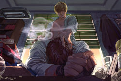 2boys abs absurdres belt bent_over black_hair window_blinds blonde_hair blood blood_on_face book book_stack bookshelf bound bound_wrists ceiling cigarette collared_shirt crumpled_paper cup day drinking_glass from_below godsstation green_eyes hair_over_one_eye hands_on_another&#039;s_head head_grab highres implied_sex indoors jacket unworn_jacket lamp light_smile long_sleeves looking_at_another looking_down male_focus multiple_boys necktie unworn_necktie one_eye_covered open_belt open_clothes open_shirt outstretched_arm parted_lips sanctify_reikon_shinshoku shirt short_hair smoke standing undressing white_shirt window yaoi