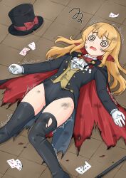 Rule 34 | 1girl, @ @, black boots, black cloak, black hat, black jacket, black leotard, black thighhighs, boots, bow, bowtie, brown vest, cane, card, cloak, commission, dirty, gloves, hat, highres, jacket, leotard, leotard under clothes, long hair, lying, multicolored cloak, on back, on floor, open mouth, original, phantom thief, phantom thief (kkmomo67), playing card, red bow, red bowtie, red cloak, shirt, skeb commission, solo, thigh boots, thighhighs, thighs, tile floor, tiles, top hat, torn cloak, torn clothes, trembling, two-sided cloak, two-sided fabric, two-tone cloak, unconscious, unworn hat, unworn headwear, vest, white gloves, white shirt, zebeltuku 12