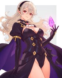 1girl armor black_armor black_hairband black_leotard breasts cape cleavage dragonstone elbow_gloves female_corrin_(fire_emblem) female_corrin_(nohr_noble)_(fire_emblem) fire_emblem fire_emblem_fates fire_emblem_heroes gloves grey_hair hair_between_eyes hairband highres leotard long_hair looking_at_viewer medium_breasts nintendo official_alternate_costume pointy_ears red_eyes simple_background solo thighs truejekart two-tone_cape white_hair