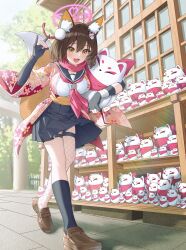 Rule 34 | 1girl, absurdres, animal ear fluff, animal ears, bandaged leg, bandages, black gloves, black socks, blue archive, blue sailor collar, blue skirt, blush, brown hair, brown shoes, dead 10001, elbow gloves, fang, fishnet thighhighs, fishnets, floral print, floral print kimono, fox ears, fox girl, fox mask, fox shadow puppet, fox tail, gloves, hair between eyes, hair ornament, highres, holding, holding stuffed toy, izuna (blue archive), japanese clothes, kimono, kneehighs, looking at viewer, mask, neckerchief, open mouth, partially fingerless gloves, pink kimono, pink neckerchief, pom pom (clothes), pom pom hair ornament, print kimono, sailor collar, shirt, shoes, short hair, single kneehigh, single sock, single thighhigh, skin fang, skirt, socks, solo, stuffed toy, tail, thigh strap, thighhighs, white shirt, yellow eyes