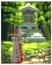 Rule 34 | 1girl, bird, border, bow, calico (pattern), cat, closed mouth, commentary request, forest, fujiwara no mokou, full body, hair bow, highres, long hair, long sleeves, nature, pants, parakeet, red pants, ritsuzou, solo, stone lantern, touhou, very long hair, white border, white bow
