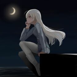 1girl artist_request blue_jacket boots crescent eila_ilmatar_juutilainen hand_on_own_chin highres jacket long_hair looking_afar military military_uniform moon night night_sky pantyhose sitting sky solo strike_witches white_boots white_hair white_pantyhose world_witches_series