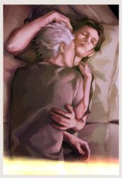 2boys 3aem back black_hair border closed_eyes closed_mouth commentary couch eyelashes getou_suguru gojou_satoru grey_shirt highres jujutsu_kaisen lips lying male_focus multiple_boys no_earrings nose on_couch on_side shirt short_hair sleeping_together upper_body white_border white_hair yaoi
