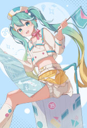 Rule 34 | 1girl, 39, aqua eyes, aqua hair, belt, beret, blonde hair, cropped jacket, flag, gradient hair, hair between eyes, hair ornament, hat, hatsune miku, highres, holding, holding flag, holding map, jacket, light blush, long hair, long sleeves, looking at viewer, magical mirai (vocaloid), magical mirai miku, magical mirai miku (2024), map, midriff, multicolored hair, open mouth, plaid clothes, plaid skirt, pleated skirt, shorts, shorts under skirt, sitting, skirt, smile, solo, soyose, suitcase, twintails, very long hair, vocaloid, white belt, white jacket