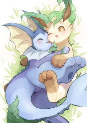 Rule 34 | absurdres, animal hands, blush, brown eyes, closed eyes, gen 1 pokemon, gen 4 pokemon, grass, highres, hug, illustrattyako, leaf, leafeon, licking, nintendo, no humans, one eye closed, open mouth, pawpads, pokemon, pokemon (creature), tongue, vaporeon