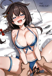 Rule 34 | 1boy, 1girl, bar censor, bikini, black hair, blue bikini, blue eyes, bouncing breasts, braid, breasts, brown hat, censored, clothed female nude male, clothed sex, clothing aside, eckert&amp;eich, front-tie bikini top, front-tie top, hair between eyes, hair flaps, hat, heart, heart-shaped pupils, hetero, highres, holding another&#039;s wrist, kantai collection, large breasts, long hair, missionary, navel, nude, official alternate costume, panties, panties aside, penis, pov, sex, shigure (kancolle), shigure kai san (swimsuit) (kancolle), side-tie bikini bottom, single braid, solo focus, spread legs, swimsuit, symbol-shaped pupils, underwear, vaginal