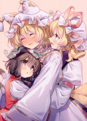 Rule 34 | 3girls, :d, ?, ^ ^, absurdres, animal ears, brown eyes, brown hair, cat ears, cat tail, chen, closed eyes, commentary request, confused, double-parted bangs, fox ears, gold trim, green headwear, happy, hat, heart, highres, hug, long sleeves, looking at another, masanaga (tsukasa), mob cap, multiple girls, multiple tails, nekomata, open mouth, profile, red vest, short hair, smile, spoken heart, spoken question mark, tail, touhou, two tails, vest, white headwear, yakumo ran, yakumo yukari