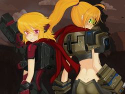 2girls alternate_costume armor blonde_hair cloud cosmic_break dimples_of_venus green_eyes gun lazflamme looking_at_viewer looking_back mecha_musume metal_(artist) metal_(xmetalx) midriff multiple_girls outdoors ponytail red_eyes red_scarf scarf sky smirk weapon winberrl