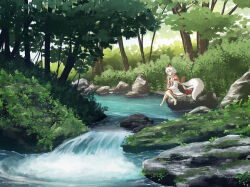 Rule 34 | 1girl, absurdres, animal ears, barefoot, commentary request, dappled sunlight, day, detached sleeves, eating, food, forest, from side, grass, hand up, hat, highres, holding, holding food, inubashiri momiji, moss, nature, oubachiago, pom pom (clothes), procreate (medium), red eyes, river, rock, sandals, scabbard, scenery, shade, sheath, sitting, solo, sunlight, tail, tokin hat, touhou, tree, unworn sandals, water, white hair, wide shot, wolf ears, wolf girl, wolf tail