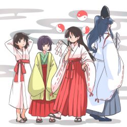 4girls black_eyes black_hair blue_footwear blue_hair blue_hakama detached_sleeves flip-flops foul_detective_satori full_body gohei green_kimono hakama hakama_skirt hakurei_reimu hat hieda_no_akyuu highres holding holding_gohei japanese_clothes kariginu kimono long_hair long_sleeves miyadeguchi_mizuchi multiple_girls orb ponytail purple_hair red_hakama red_sash sandals sash short_hair sidelocks skirt standing tate_eboshi touhou white_kimono yakousei_no_kame yellow_kimono yin_yang yin_yang_orb