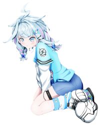 1girl ahoge blue_eyes blue_hair blue_shirt blue_shorts blue_socks blush braid hair_flaps hair_ornament hairpin hololive hololive_dev_is looking_at_viewer medium_hair mizumiya_su o-ring o-ring_thigh_strap pink_hair puffy_cheeks shirt shoes shorts socks solo sumikko_bkht thigh_strap twin_braids virtual_youtuber white_shoes