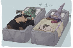 Rule 34 | 2boys, armor, bed, bed sheet, blasphemous, breastplate, cape, daisy (doom), dog, doom: the dark ages, doom (series), doomguy, fur cape, gloves, green armor, harakim19, helmet, highres, mask, multiple boys, pauldrons, penitent one, pillow, rabbit, shoulder armor, sleeping, spikes, thorns