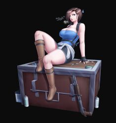 1girl black_background black_gloves black_skirt blue_tube_top boots box breasts brown_boots brown_hair clothes_around_waist diskette fingerless_gloves gloves gun highres jill_valentine miniskirt on_box resident_evil resident_evil_3:_nemesis short_hair shotgun sigh signature simple_background sitting sitting_on_box skirt strapless sweatdrop sweater sweater_around_waist tube_top weapon