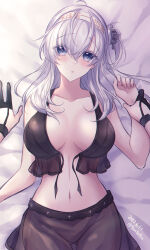 1girl 1other bikini bikini_skirt black_bikini black_gloves breasts cowboy_shot front-tie_bikini_top front-tie_top fuyutsuki_(kancolle) gloves grey_eyes headband highres kabocha_torute kantai_collection long_hair looking_at_viewer lying medium_breasts navel official_alternate_costume one-hour_drawing_challenge solo_focus suzutsuki_(kancolle) suzutsuki_(swimsuit)_(kancolle) swimsuit untied_bikini white_hair white_headband