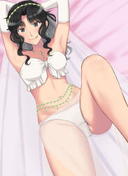 1girl amagami armpits arms_up bed_sheet belly_chain bikini black_eyes black_hair breasts bridal_lingerie bridal_veil commentary crotch_seam curly_hair earrings elbow_gloves feet_out_of_frame floating_earring frilled_bikini frills gloves groin hairband highres jewelry knee_up lingerie long_hair looking_at_viewer lying messy_hair navel necklace official_alternate_costume on_back parted_bangs sarong see-through_clothes see-through_sarong small_breasts solo strapless strapless_bikini swimsuit takemi_kaoru tanamachi_kaoru thighs tongue tongue_out underwear veil wavy_hair white_bikini white_gloves white_sarong