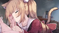 1girl animal_ear_fluff animal_ears blonde_hair cat_ears cat_girl cat_tail censored closed_eyes clothed_female_nude_male commentary_request fellatio hetero highres jon_(pixiv31559095) mosaic_censoring nude oral original penis solo_focus tail