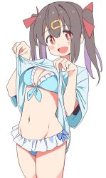 1girl aged_down artist_request bikini blue_bikini blue_panties bra breasts brown_hair female_focus happy highres looking_at_viewer medium_hair navel onii-chan_wa_oshimai! open_mouth oyama_mihari panties purple_hair red_eyes shadow shirt simple_background skirt small_breasts solo standing swimsuit t-shirt tongue underwear underwear_only very_short_skirt white_background