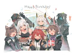 1boy 1other 5girls absurdres amiya_(arknights) animal_ears arknights birthday_cake blush blush_stickers cake cat_ears cat_girl closed_eyes confetti crownslayer_(arknights) demon_horns doctor_(arknights) dopperu_ben embarrassed english_text food fox_ears fox_girl guard_(arknights) happy happy_birthday highres holding holding_cake holding_food holding_party_popper horns kal&#039;tsit_(arknights) mudrock_(arknights) mudrock_(elite_ii)_(arknights) multiple_girls party_popper pointy_ears rabbit_ears rabbit_girl rhodes_island_medic_(arknights) sweatdrop