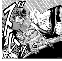 Rule 34 | 4boys, angry, cell max, dragon ball, dragon ball super, dragon ball super super hero, fighting, gamma 1, giant, gotenks, monochrome, multiple boys, muscular, muscular male, orange piccolo, punching, scratches, serious, sound effects, torn clothes