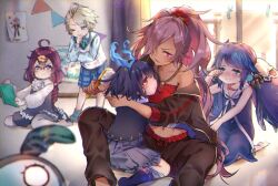 1boy 4girls ahoge aladdin_(sinoalice) alice_(sinoalice) angry arguing black_hair blue_eyes blue_hair blush book braid brushing_hair child cinderella_(sinoalice) collared_shirt comforting crop_top crying crying_with_eyes_open dark-skinned_female dark_skin dorothy_(sinoalice) earrings fins glasses green_necktie hair_ornament hair_over_one_eye hair_scrunchie hairband hairclip head_fins headdress holding holding_book hug indoors jacket jewelry kneeling kyashii_(a3yu9mi) long_sleeves multiple_girls navel necklace necktie ningyo_hime_(sinoalice) one_eye_closed pants pantyhose pink_hair plaid_clothes plaid_shorts ponytail puffy_long_sleeves puffy_sleeves purple_eyes purple_hair reading red_eyes ribbon sad school_uniform scrunchie shirt shorts sinoalice sitting smile stuffed_toy sweat sweatpants tears towel twintails window