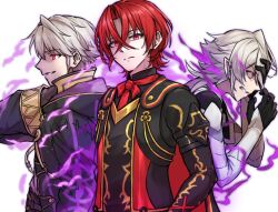 3boys aura black_cape cape closed_mouth crossed_bangs dark_aura dark_persona fire_emblem fire_emblem_awakening fire_emblem_engage fire_emblem_fates fire_emblem_heroes grima_(fire_emblem) hair_between_eyes highres looking_at_viewer male_alear_(fell_dragon)_(fire_emblem) male_alear_(fell_dragon_child)_(fire_emblem) male_alear_(fire_emblem) male_corrin_(bloodbound_beast)_(fire_emblem) male_corrin_(fire_emblem) male_focus multiple_boys nintendo official_alternate_eye_color official_alternate_hair_color red_eyes red_hair short_hair zuzu_(ywpd8853)