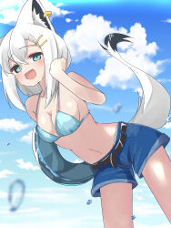 1girl absurdres alternate_costume animal_ear_fluff animal_ear_piercing animal_ears aqua_eyes bikini blue_bikini blush breasts cleavage collarbone fox_ears fox_girl fox_tail hair_between_eyes hair_ornament highres hololive leaning_forward looking_at_viewer medium_breasts navel open_mouth pentagram shirakami_fubuki shirayuki_(snow_link) short_shorts shorts smile solo stomach swimsuit tail virtual_youtuber white_hair
