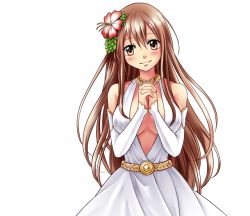 1girl breasts cleavage detached_sleeves dress elie flower hair_flower hair_ornament large_breasts light_brown_hair long_hair looking_at_viewer official_art rave_(manga) resha_valentine white_dress