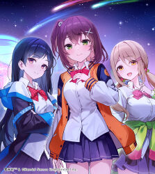 3girls :d album_cover blonde_hair blue_eyes blue_skirt blush bow bowtie breasts brown_hair closed_mouth clothes_around_waist collared_shirt commentary_request copyright_notice cover cowboy_shot denonbu green_eyes hair_ornament hairclip hand_on_own_chest hidaka_reina_(denonbu) highres jacket kayano_futaba large_breasts long_hair long_sleeves looking_at_viewer multiple_girls night night_sky official_art open_clothes open_jacket open_mouth orange_eyes orange_jacket pink_eyes plaid_bow pleated_skirt rangu red_bow red_bowtie school_uniform shinonome_kazune shirt shooting_star short_hair skirt sky smile star_(sky) starry_sky wing_collar x_hair_ornament